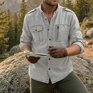 Detail of grey men's cotton linen shirt featuring functional pockets and vintage wash
