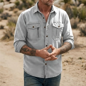 Detailed view of grey cotton linen men's shirt with dual chest pockets and zipper detail