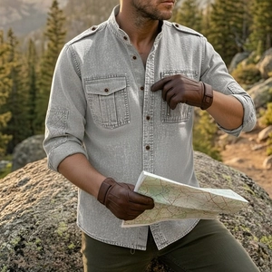 Detail of cargo shirt with shoulder epaulets, chest pockets, and durable cotton fabric