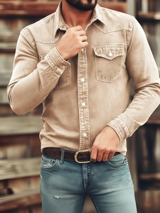 Detail view of khaki long sleeve men's cargo shirt with double pockets and buttons