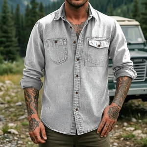Men's light grey washed denim long sleeve shirt with double chest pockets and amber buttons