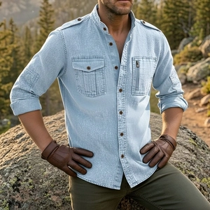 Men's light blue cotton linen shirt with stand collar and double chest pockets