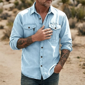 Close-up of light blue cotton linen shirt with double flap pockets and zipper detail