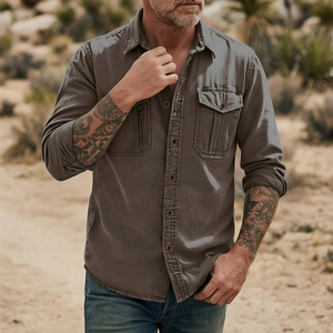 Rugged men's cotton linen tactical long sleeve shirt with double chest pockets in coffee brown