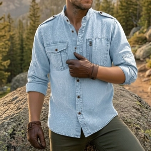 Detail of light blue cotton work shirt featuring shoulder epaulettes and multiple pockets