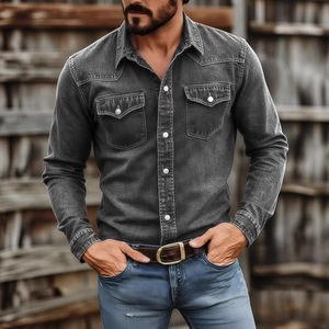Slim fit long sleeve denim shirt for men in vintage grey wash with dual pockets