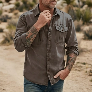Detail of taupe men's cotton linen shirt with double cargo pockets and zipper accent