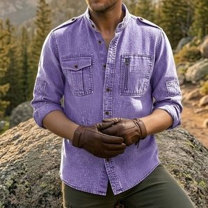 Men's purple heavy cotton work shirt with military pockets and epaulettes for outdoors
