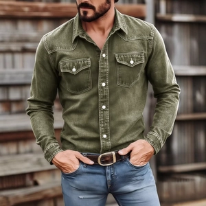 Olive green long-sleeve cotton cargo shirt for men with double chest pockets and white buttons