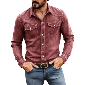 Men's slim fit long sleeve washed denim shirt in vintage red with dual chest pockets