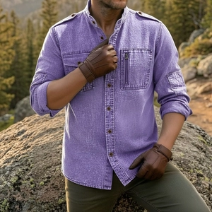 Outdoor close-up of purple men's tactical shirt with epaulets and dual chest pockets