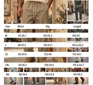 Tabella taglie dettagliata per pantaloni casual da uomo con misure di vita e lunghezza