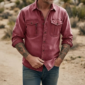 Detail view of burgundy cotton linen shirt featuring double utility pockets and zipper design