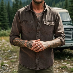 Detail of vintage brown men's utility shirt with dual chest pockets in outdoor setting