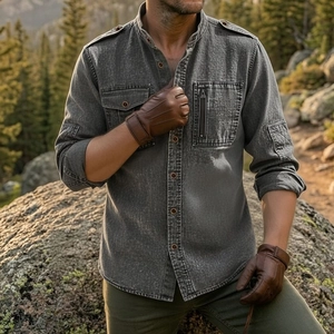 Detail of dark grey washed denim shirt with tactical chest pockets and shoulder epaulettes