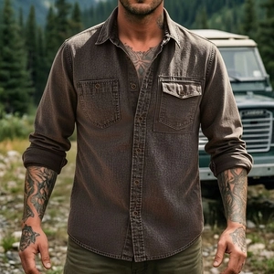 Detail of a men's heavy cotton cargo shirt in vintage charcoal grey for outdoor wear