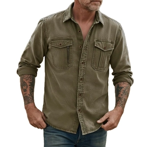 Men's olive green cotton linen utility shirt with dual breast pockets and metal zipper