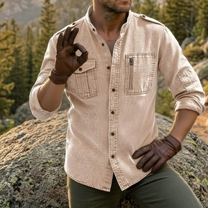 Tactical outdoor men's long sleeve cotton shirt in sand color with shoulder epaulettes