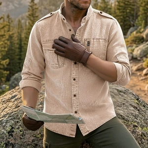 Detail of khaki linen shirt with shoulder epaulettes and brown leather gloves outdoors