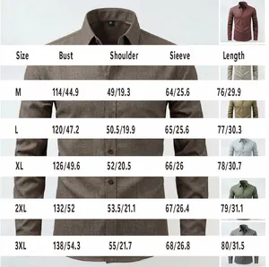 Tabella taglie dettagliata per camicie da uomo a maniche lunghe dalla M alla 3XL