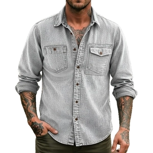 Men's slim fit long sleeve casual shirt in light grey washed fabric with dual chest pockets