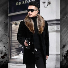 Detail of men's black winter coat featuring a contrasting brown faux fur collar and lapel