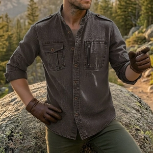 Outdoor tactical cotton shirt with functional pockets and epaulets in dark charcoal finish
