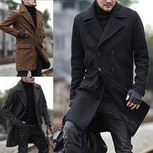 Close-up of double-breasted wool coats for men in black, brown and dark grey colors
