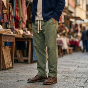 Dettaglio dei pantaloni da uomo a spina di pesce verde oliva con coulisse beige in vita