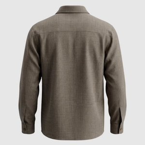 Vista posteriore di una camicia da uomo taupe a maniche lunghe in tessuto misto lino