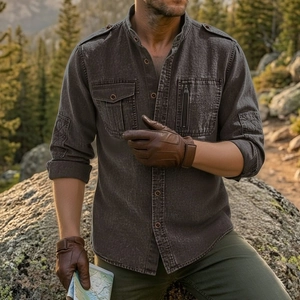Close-up of charcoal grey cotton tactical shirt with stand collar and dual chest pockets