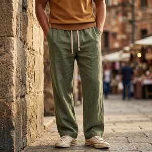 Dettaglio dei pantaloni da uomo in lino verde oliva con vita elastica e coulisse regolabile