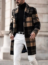 Outdoor street shot of a long plaid winter coat with classic business casual styling
