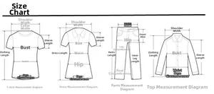 Size chart showing measurement guides for t-shirts, dresses, pants and tops on white background