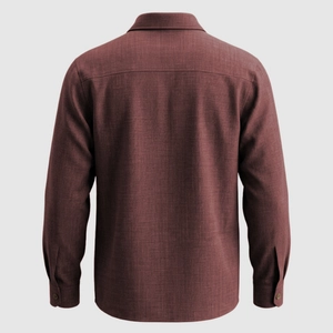Vista posteriore di una camicia bordeaux a maniche lunghe con trama in lino e sprone sulle spalle