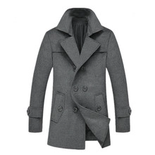 Detail view of mens grey double-breasted pea coat with wide lapels and buttoned cuffs