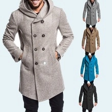Detail view of mens thick hooded wool coat showing double-breasted design and color options