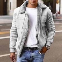 Detail of men faux suede shearling jacket with warm gray faux fur lining and collar