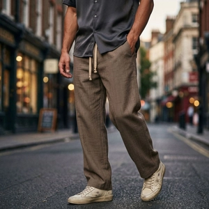 Pantaloni da uomo marroni con motivo a spina di pesce e coulisse in vita