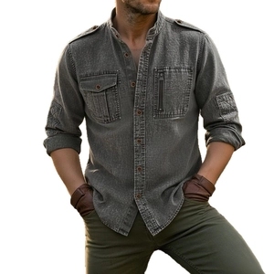 Men's charcoal grey cargo style cotton shirt with military epaulettes and multi-pockets