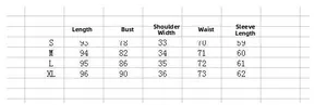 Detailed size chart for slim fit wool coat showing length, bust, waist, and shoulder specs