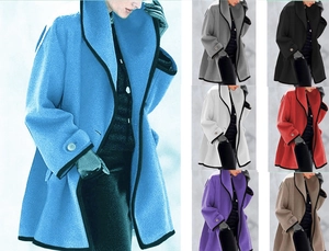 Loose hooded wool coat for women featuring contrast piping and elegant button sleeve details