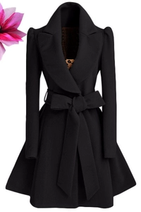 Women's slim wool coat with waist belt, large lapel and elegant leopard lining