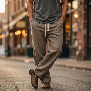 Dettaglio della trama in lino marrone scuro e coulisse bianca sui pantaloni casual da uomo