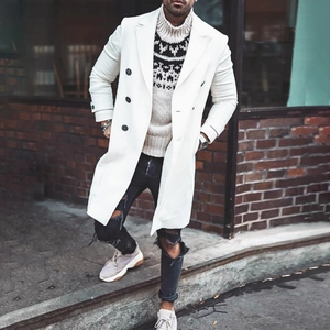 Men's stylish white wool coat with black double-breasted buttons and turtleneck sweater