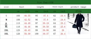 Men's double-breasted wool coat size chart showing bust, length and sleeve dimensions
