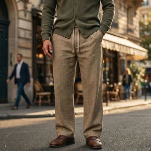 Dettaglio dei pantaloni in lino kaki con vita elastica a coulisse e gamba dritta classica