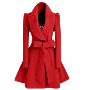 Women's red wool blend coat with large lapels and belted waist in an A-line silhouette