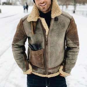 Giacca vintage da uomo in finta pelle scamosciata marrone con calda fodera in pile per l'inverno