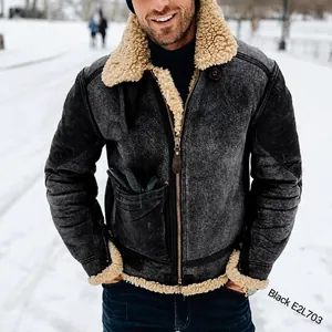 Herren Fliegerjacke aus Wildlederimitat mit weißem Sherpa-Kragen in Vintage-Schwarz
